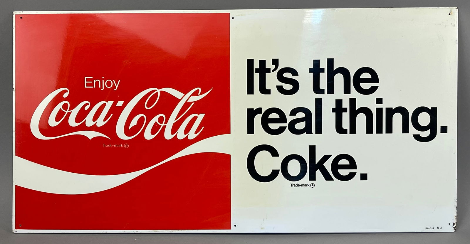Coke The Real Thing 70s SST Painted Metal Sign: 30" x 15" - single sided tin sign