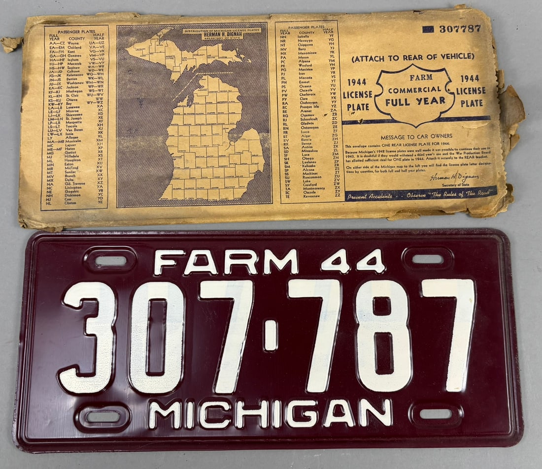 NOS Pair Michigan Farm License Plate 1944: NOS Pair of Michigan Farm 1944 plates. Unused condition.