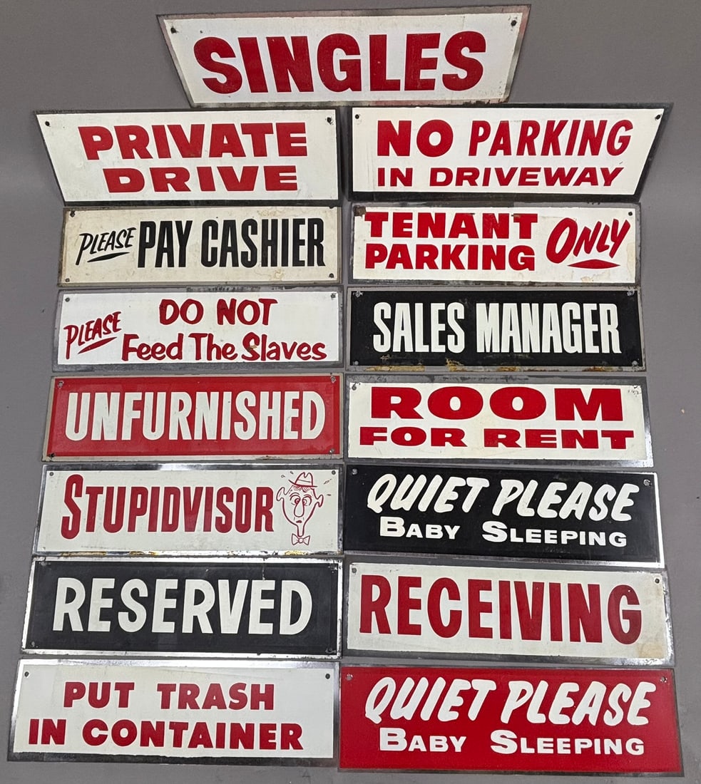15 Piece NOS Original Painted Metal Household Signs: Great original lot of 15 NOS painted metal signs. These are all different and all measure approximately 13.5" wide. Most have some minor edge wear from being in storage all these years. Dating them to