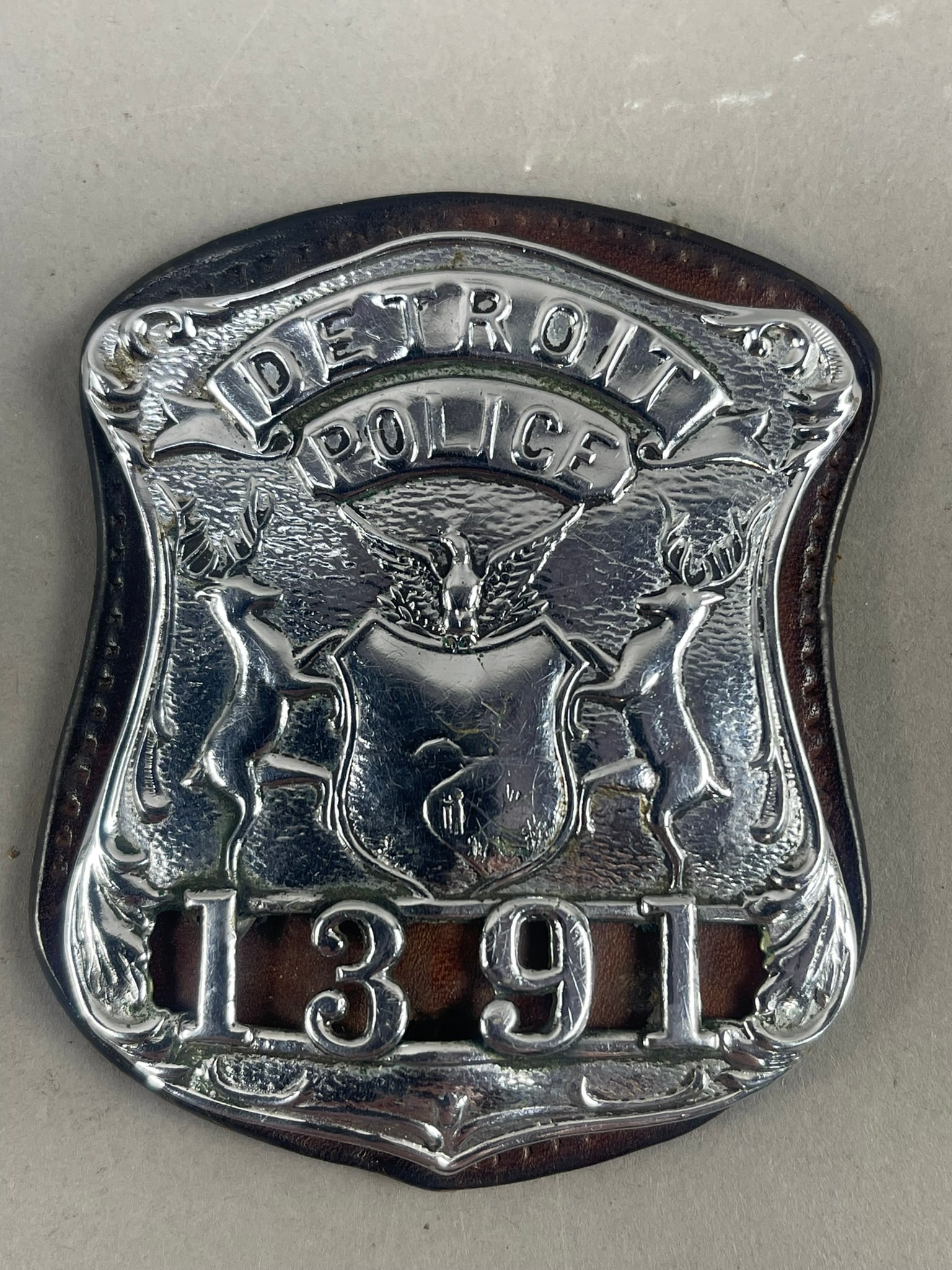 1950s Era Detroit Police Badge 1391 Leather Wallet: Great original 1950's Detroit Police Badge with a leather wallet insert. This is badge NO 1391.
