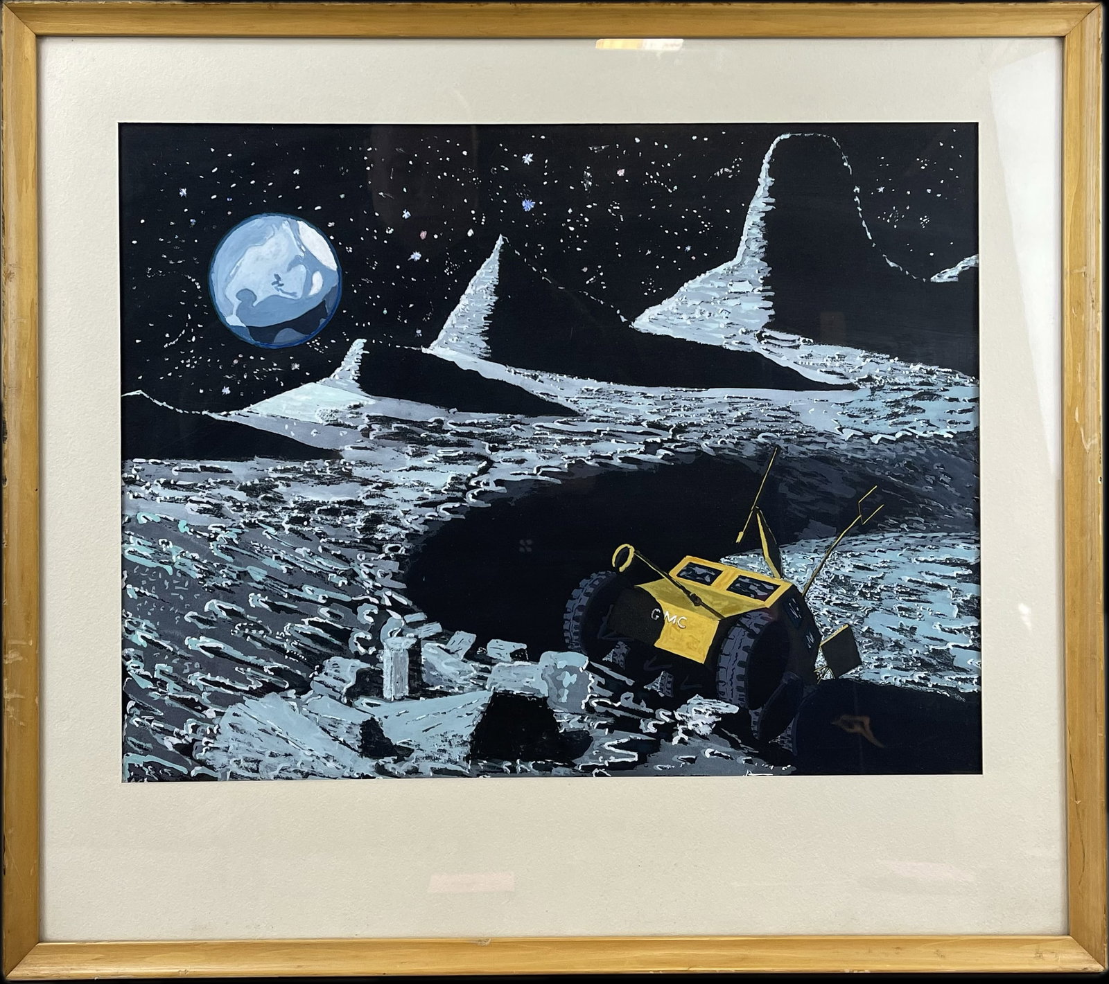 1960s General Motors Moon Rover Watercolor Painting: Unusual subject matter 1960s Space Era Moon Rover watercolor painting featuring a GMC powered space vehicle. Wonderful detail and color throughout this painting. We believe this came from GM Executive