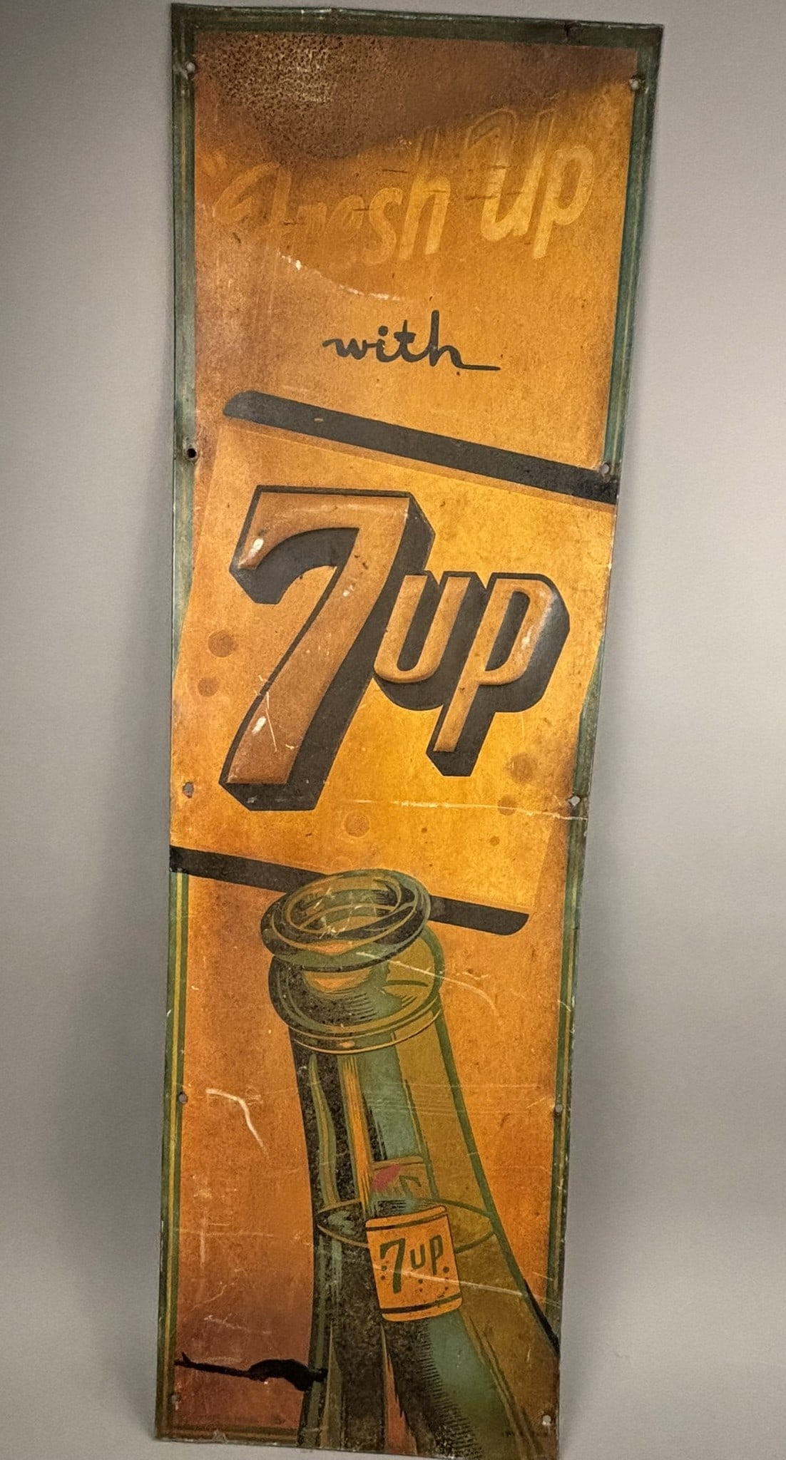 Fresh Up With 7up Seven Up 40s SST Metal Advertising Sign: Great patina'd sign. 42.5" x 13"