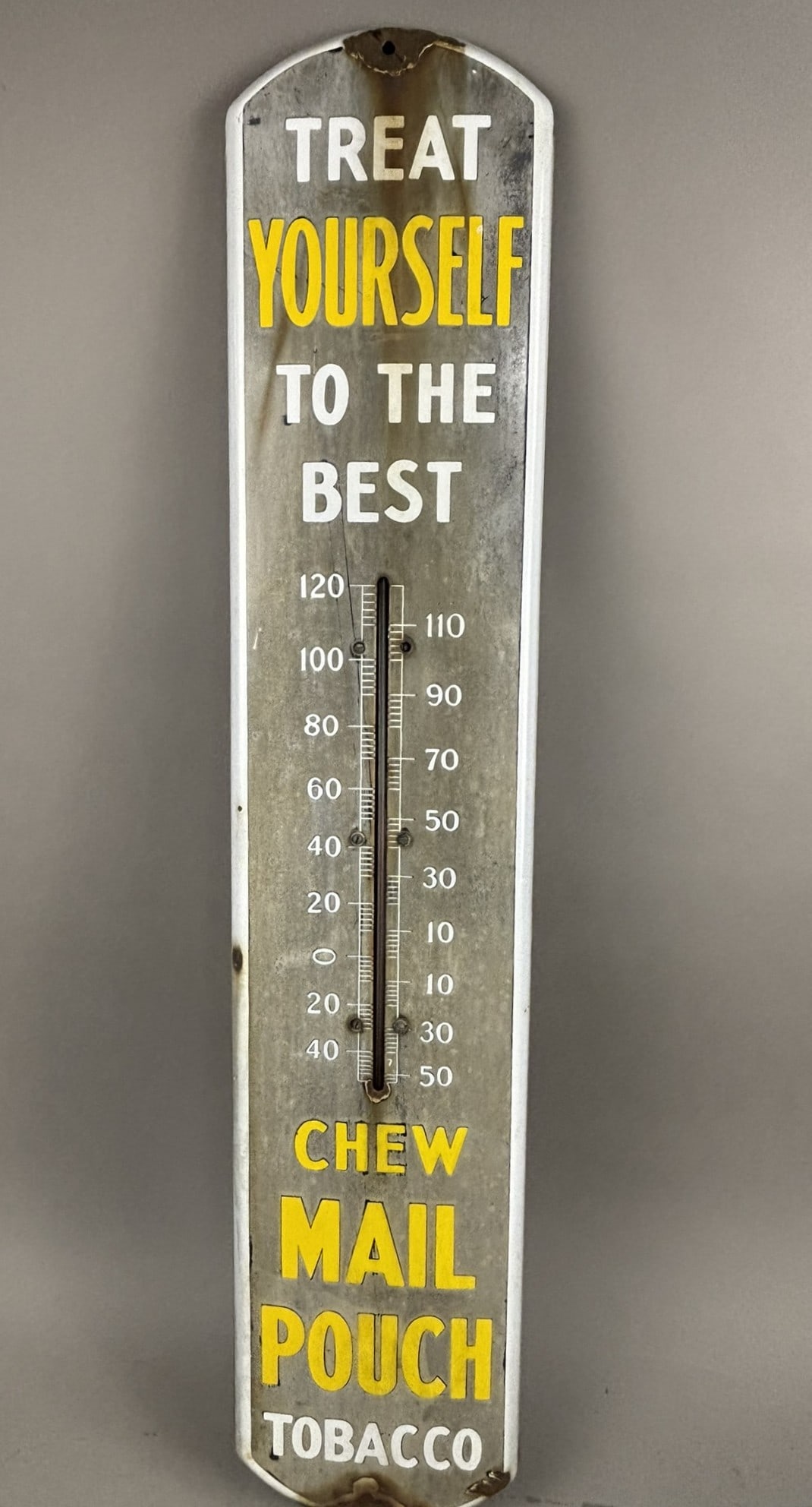 Chew Mail Pouch Tobacco 40s Porcelain Thermometer: Great original working thermometer. Great patina'd look. 39" x 8" roughly.