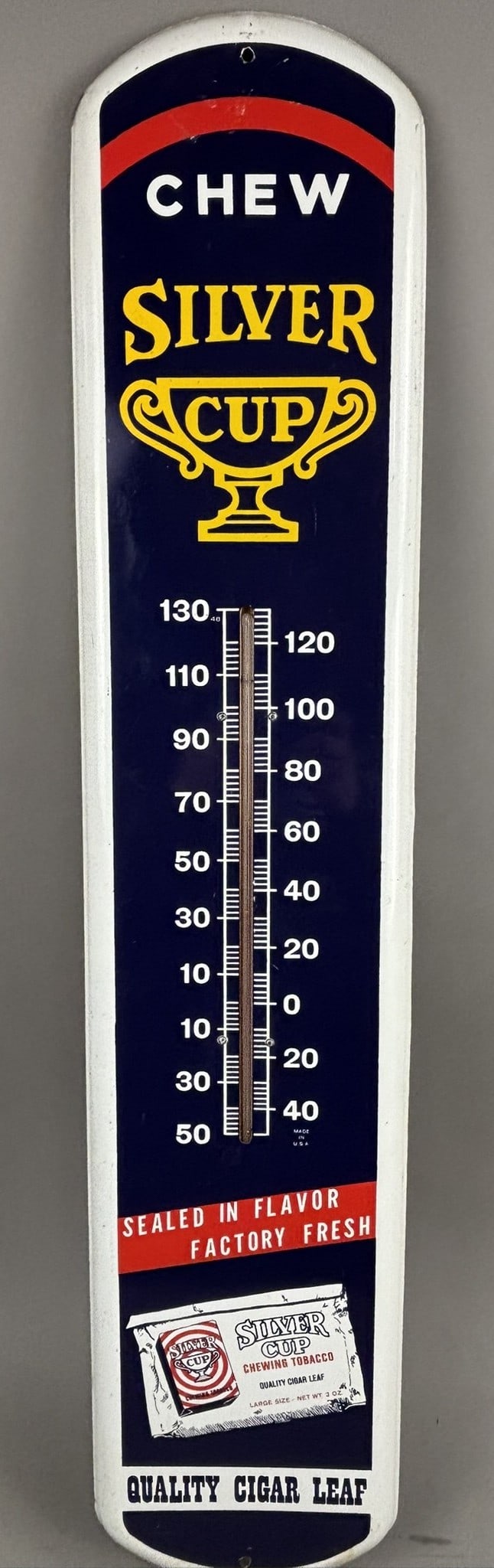 Chew Silver Cup SST Metal Advertising Thermometer: Excellent original working thermometer. 39" x 8" roughly.