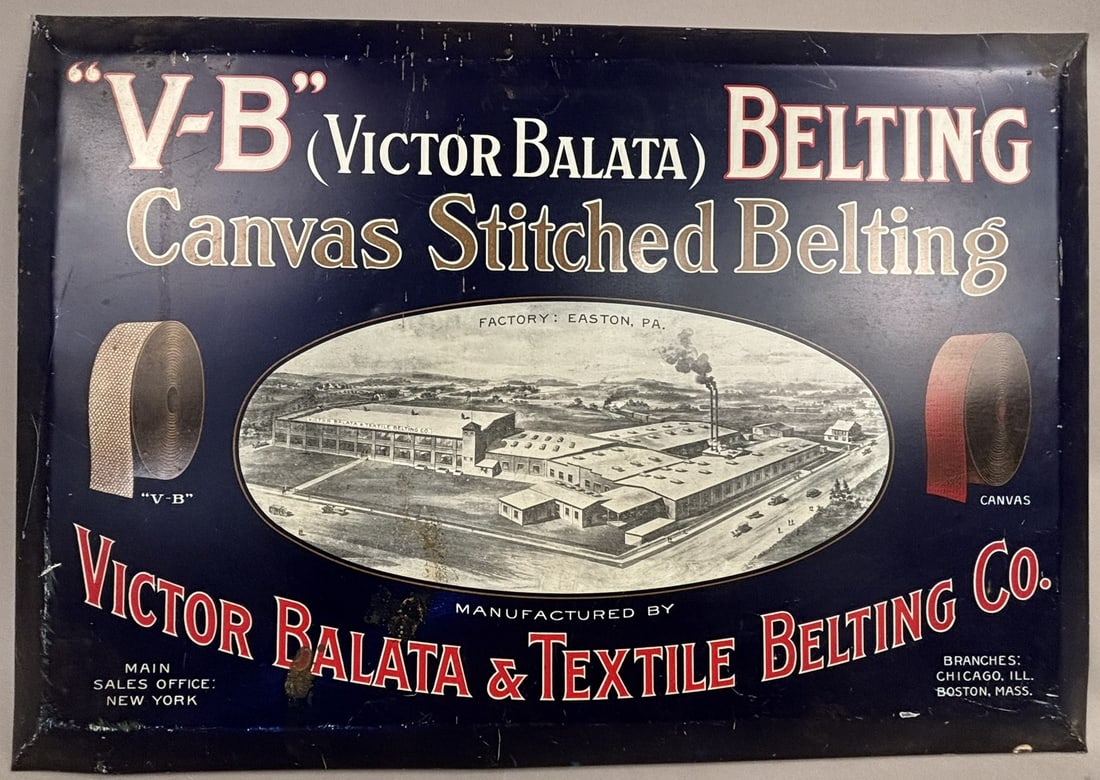 V-B Victor Balata Belting Boston New York TOC Sign: Great original turn of the century toc from Victor Balata Belting Canvas Stitched Belting sign. Main offer New York with Branches in Chicago and Boston. 19" x 13" roughly.