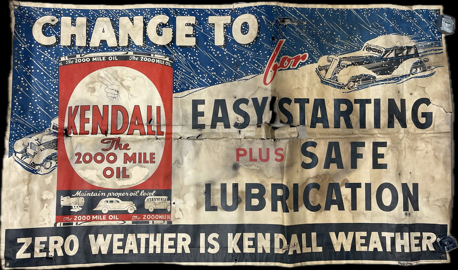 1940s Kendall Motor Oil Thick Cardstock Paper 5' Banner: Measures 57" x 33" - shows heavy use, wear, tears, stains. See all photos.
