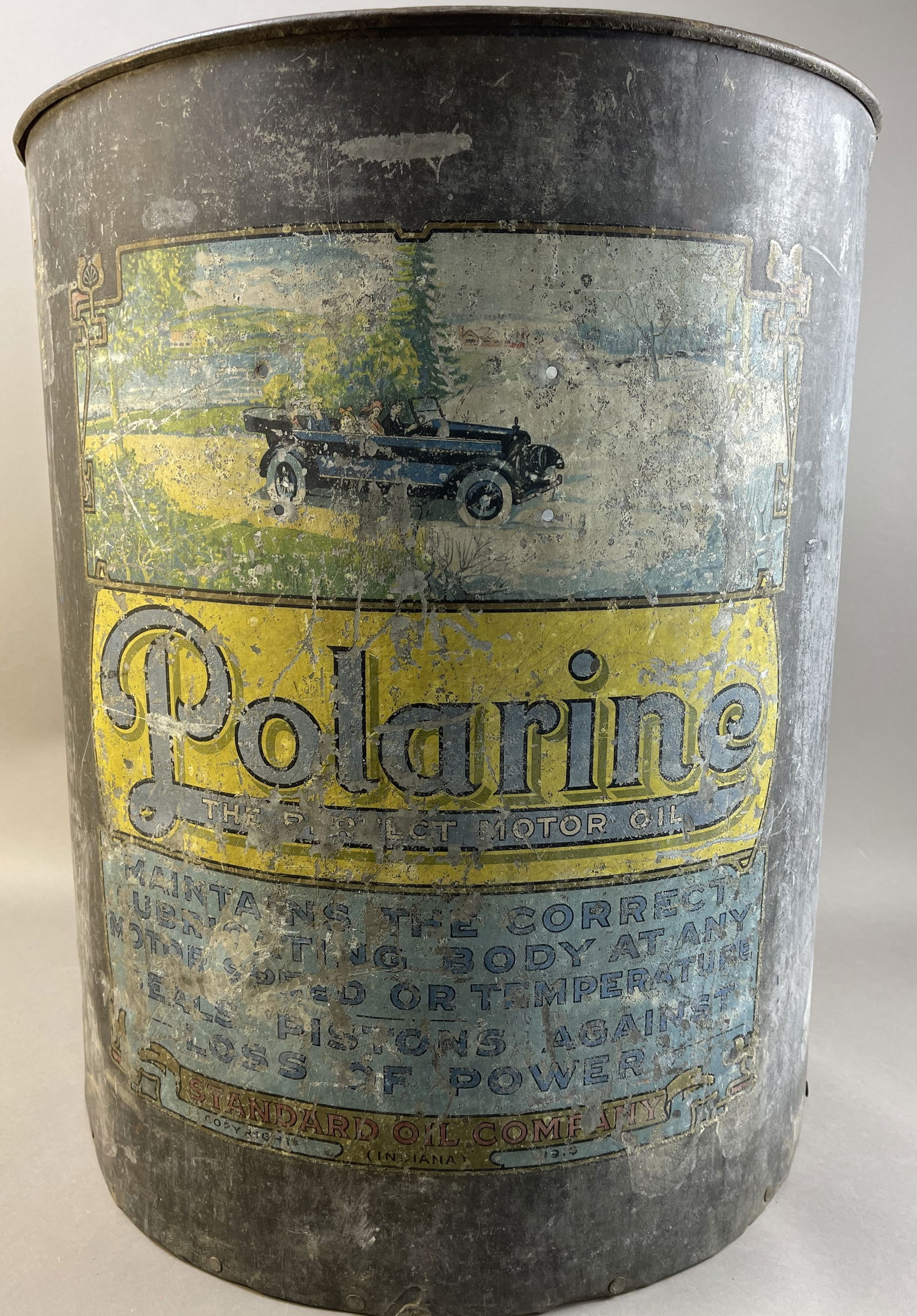 Antique 1910 Polarine Motor Oil 25 Gallon Drum Can: Absolutely incredible Standard Oil of Indiana Polarine Motor Oil barrel drum measuring 24" x 19.5"