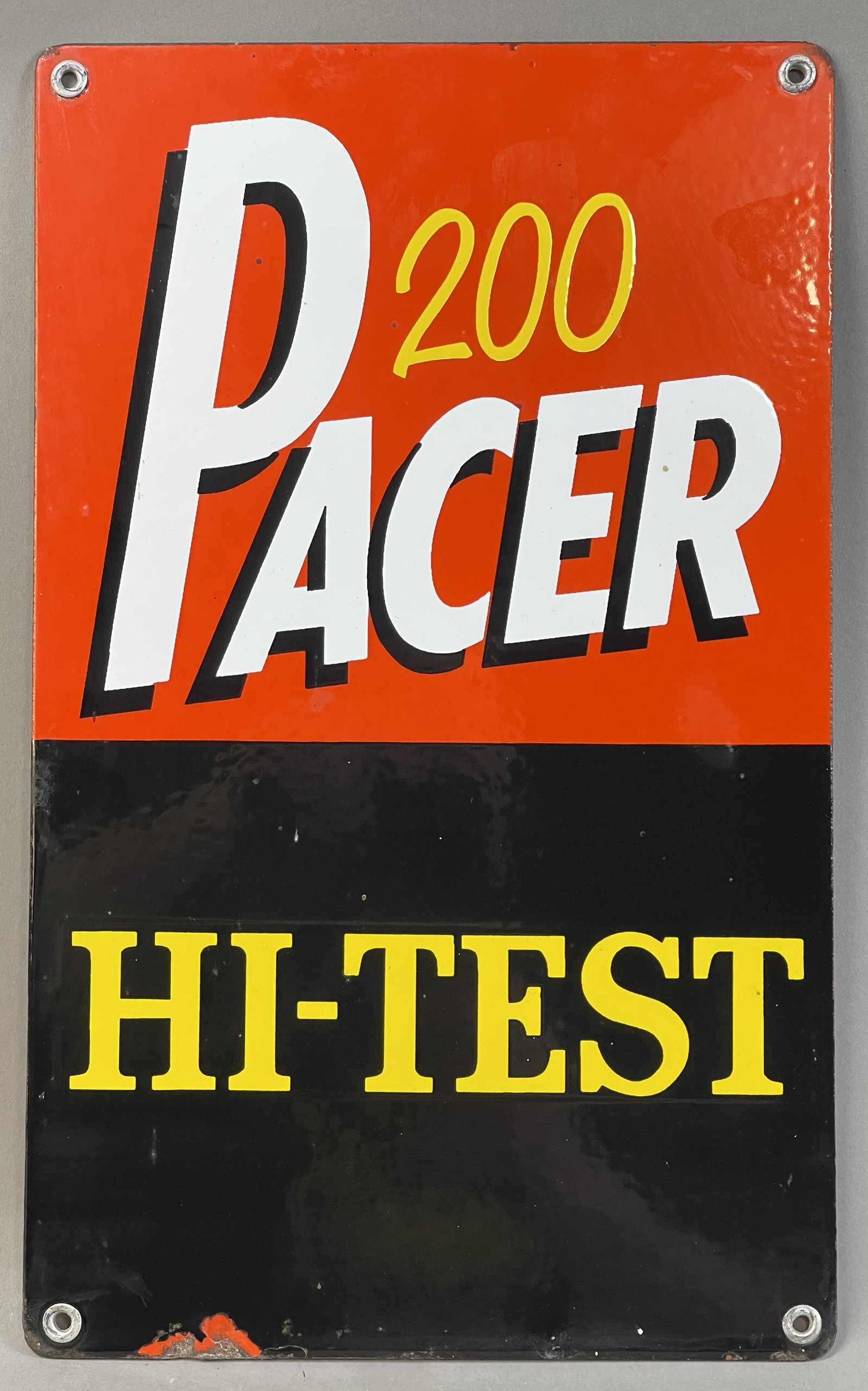 Pacer 200 Hi-Test Porcelain SSP Pump Plate Sign: 8.5" x 14" - great original pump plate with great original gloss.