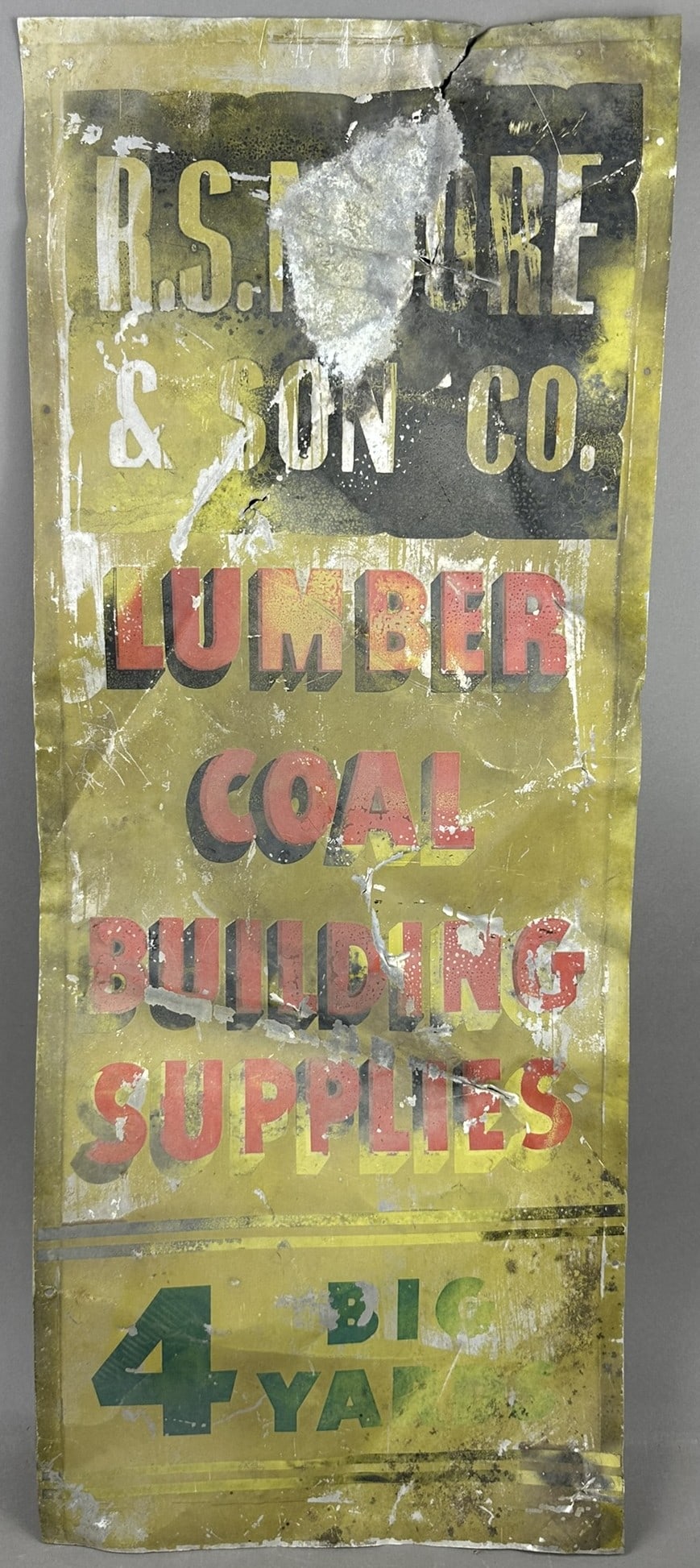 R.S. Moore & Son Lumber Coal Bldg Supplies Painted Sign: 29.75" x 12" wide - great original painted metal advertising sign