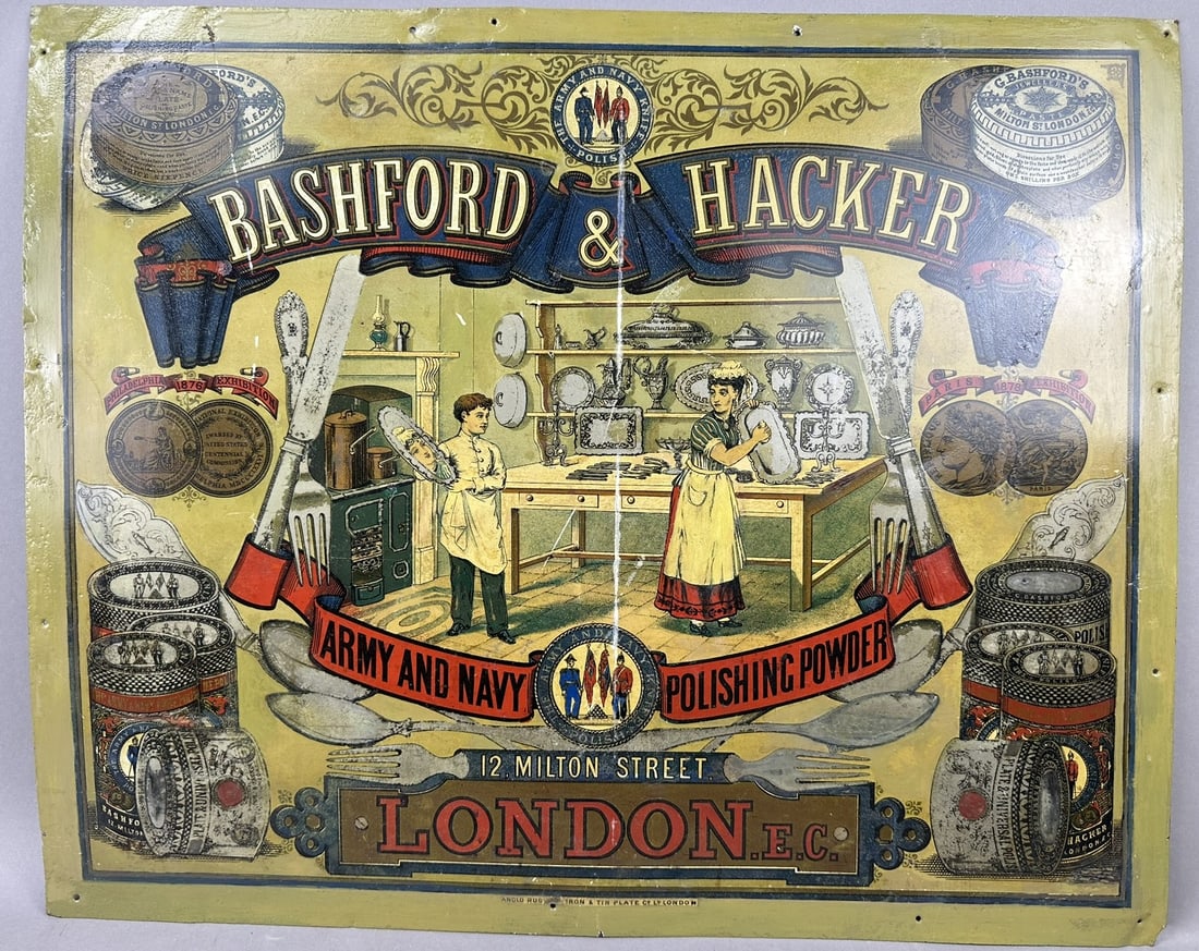 Bashford & Hacker SST Painted Metal Advertising Sign: 23.5" x 19" - great original late 1800s sign. Obvious touch ups as shown to corners.