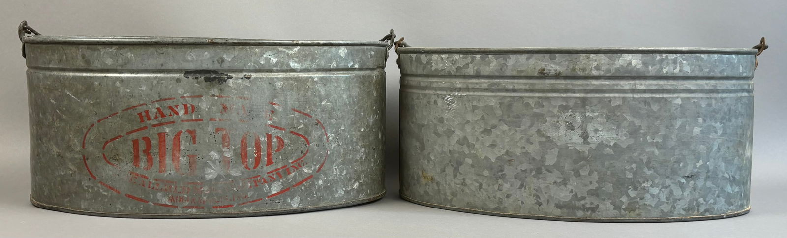 Pair Antique 20s Galvanized Big Top Minnow Buckets