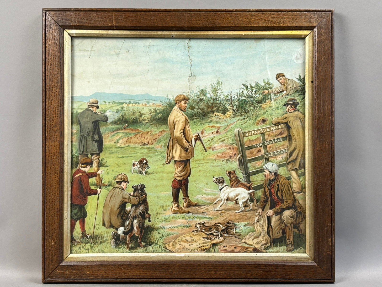Late 1800s Burnard Alger Cereal Advertising Litho: Nice original advertising hunting scene for Burnard Alger cereal cardstock litho. Overall measurements of frame are 19.75"x18.5".