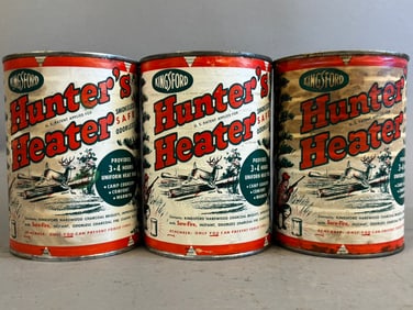 3 NOS Kingsford Hunters Heater Paper Label Can