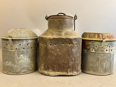 3 Antique Unique Galvanized Fishing Minnow Buckets