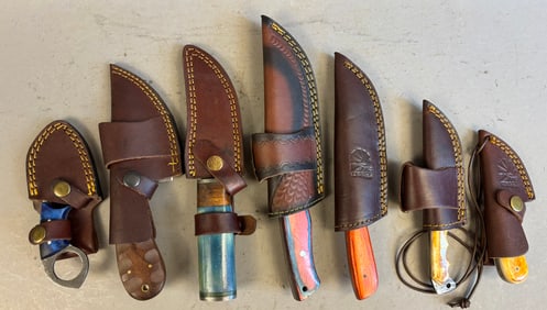7 Vintage Hunting Knives Damascus Blades Sheaths