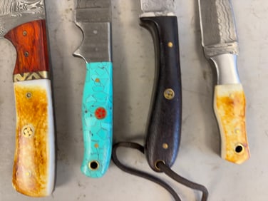 7 Vintage Hunting Knives Damascus Blades Sheaths