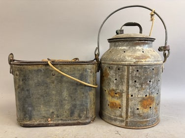 Pair Antique Galvanized Minnow Bucket Cream Can