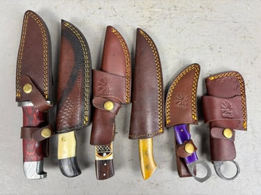 6 Vintage Damascus Blade Hunting Knives Seaths