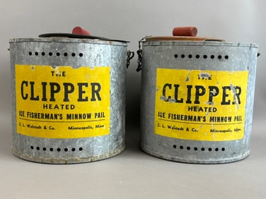 Pair Antique Clipper Heated Galvanized Minnow Bucket
