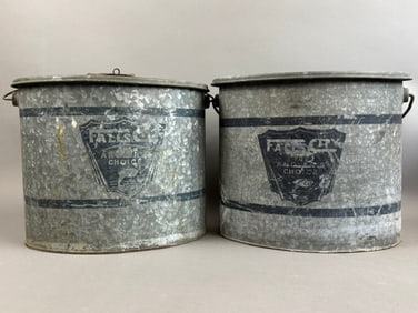 2 Antique Oval Falls City Galvanized Minnow Buckets