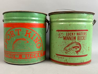 2 Antique Sport King Lucky Waters Minnow Buckets