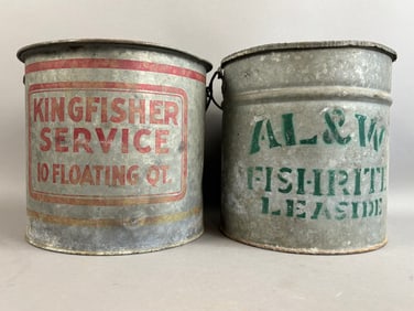 Pair Antique Galvanized Fishing Minnow Buckets