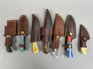 7 Vintage Hunting Knives Damascus Blades Sheaths