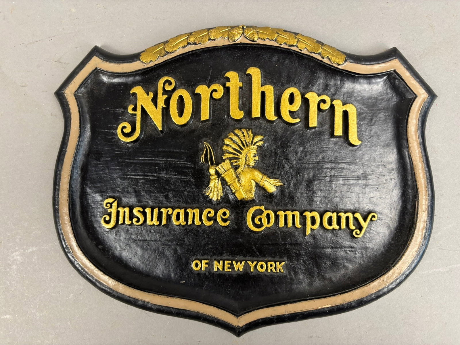 Antique Northern Insurance Company Sign Indian Chief: Sign for Norhtern Insurance Company of New York, it features an indian graphic.