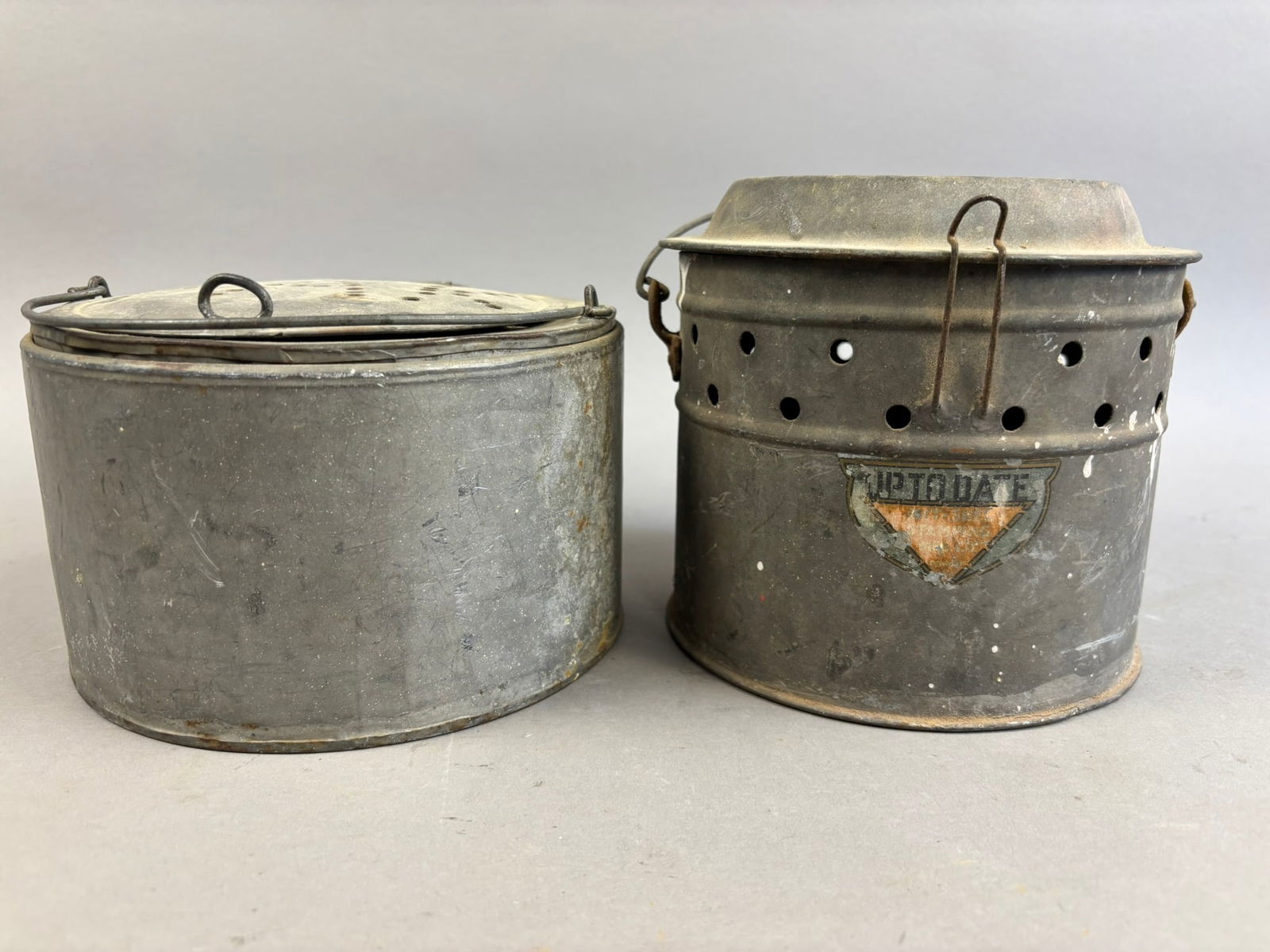 2 Antique Submarine Round Galvanized Minnow Buckets (1 of 8)
