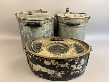 3 Antique Oval Galvanized Bait Minnow Buckets
