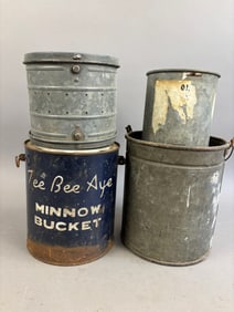 4 Antique Galvanized Bait Minnow Buckets Belt One