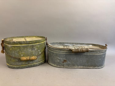 2 Antique Oval Galvanized Minnow Buckets w/Handle