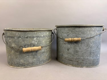 Pair Antique Oval Galvanized Minnow Bait Buckets