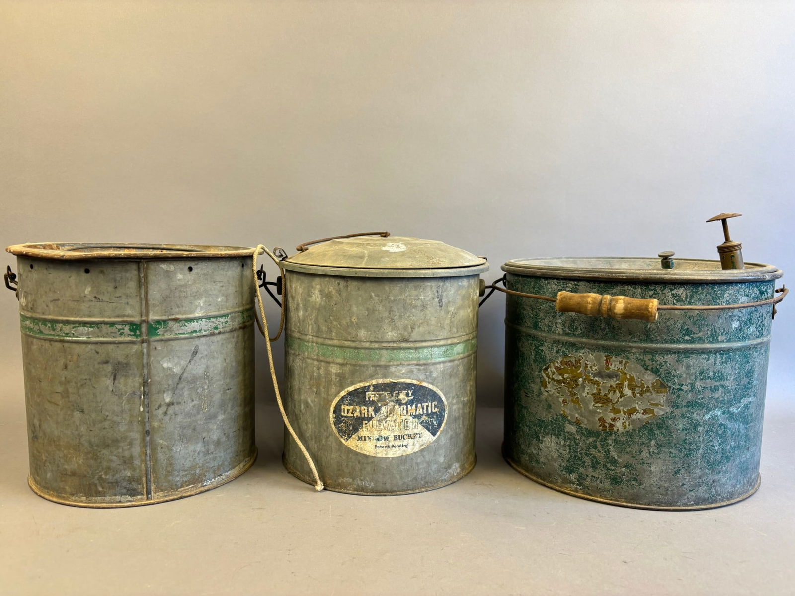 3 Antique Falls City Galvanzied Minnow Buckets (1 of 13)