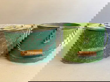 Pair Antique Green Galvanzied Bait Minnow Buckets