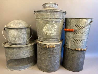 6 Antique Galvanized Bait Minnow Submarine Buckets