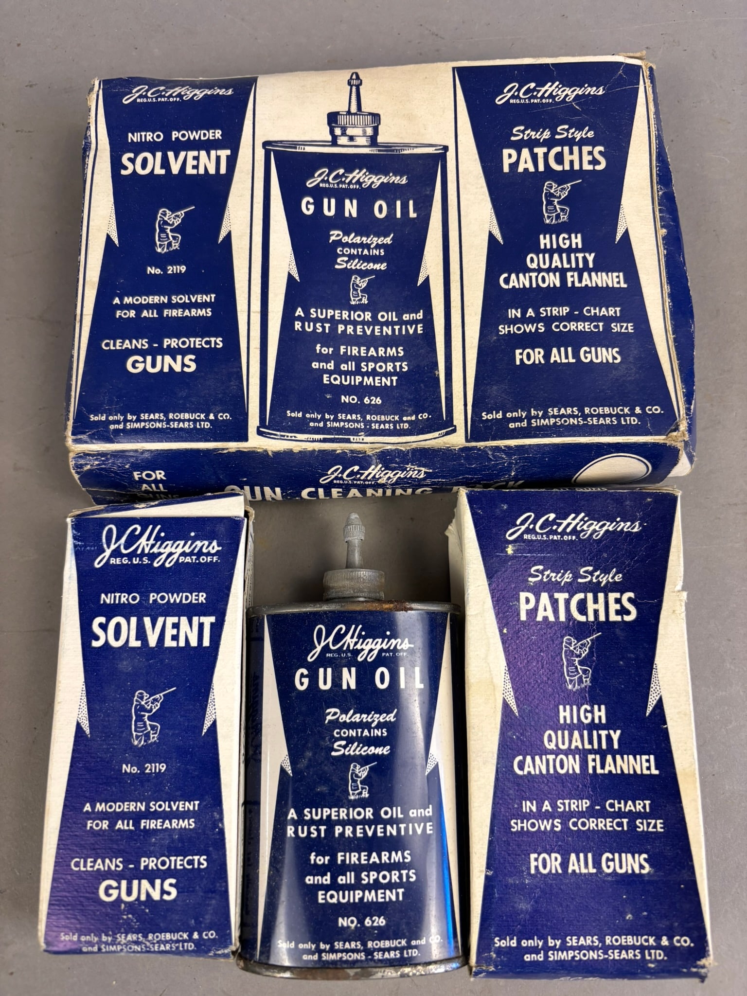NOS JC Higgins Gun Cleaning Kit Lead Top Oiler: Great lot featuring a JC Higgins gun cleaning supply kit, including an uncut lead top oiler. Box has some condition issues from storage all these years.