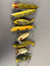 8 Antique Head On Basser Wood Fishing Lures Jitterbug