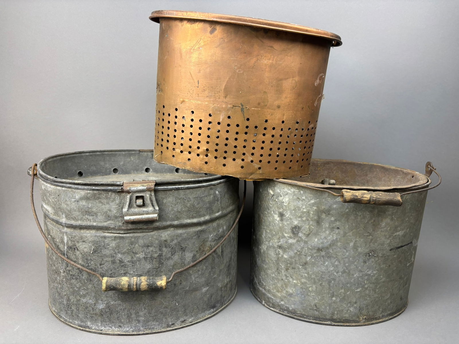 3 Antique Copper Galvanized Champion Minnow Buckets (1 of 8)
