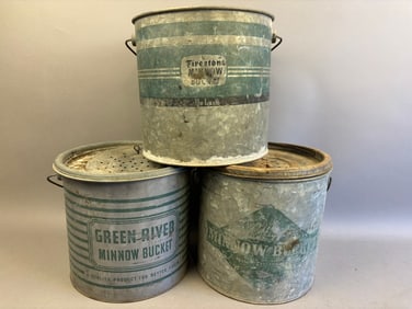 3 Antique Galvanized Minnow Buckets Green Decoration