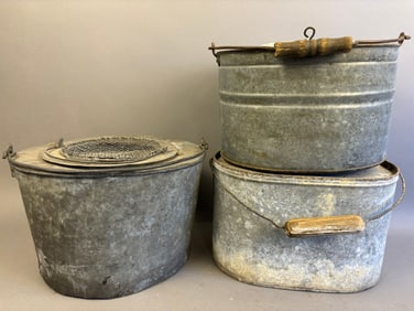 3 Antique Oval Galvanized Minnow Buckets Handles