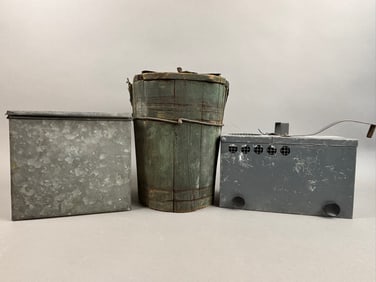 3 Antique Galvanized Minnow Bucket Wooden Churn