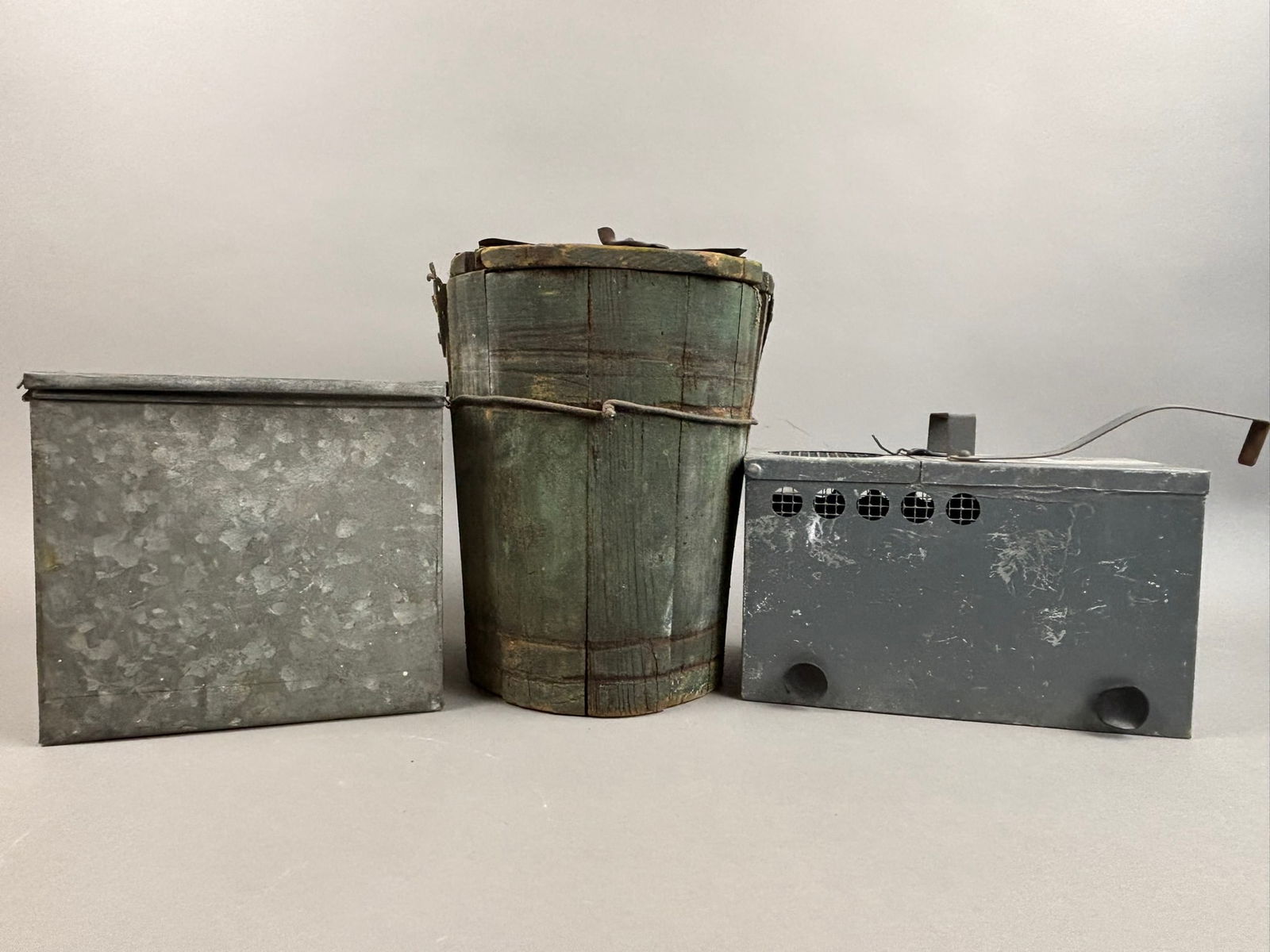 3 Antique Galvanized Minnow Bucket Wooden Churn (1 of 11)