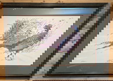 W.J. Stevenson Signed Ringneck Pheasants Framed Lithograph