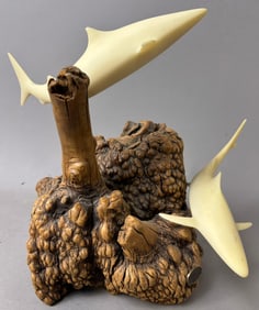 John Perry Sculpture "The Shark" w/ Burl Wood Base
