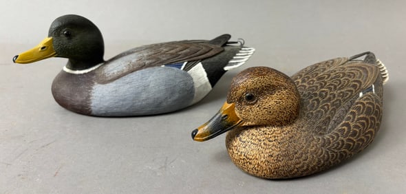 Pair Carved & Painted Mallard Ducks by Jim Wicks