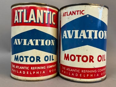 Pair Atlantic Aviation Motor Oil MEtal Quart Cans