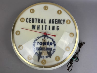 40s Tower Insurance Lighted Advertising Clock Dualite
