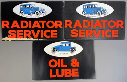 3 Radiator Service Oil Lube Cardboard Signs Station