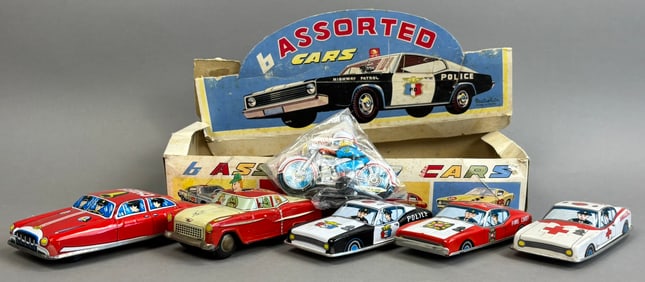 6 Vintage Tin Friction Toy Cars Japan Marx Popup